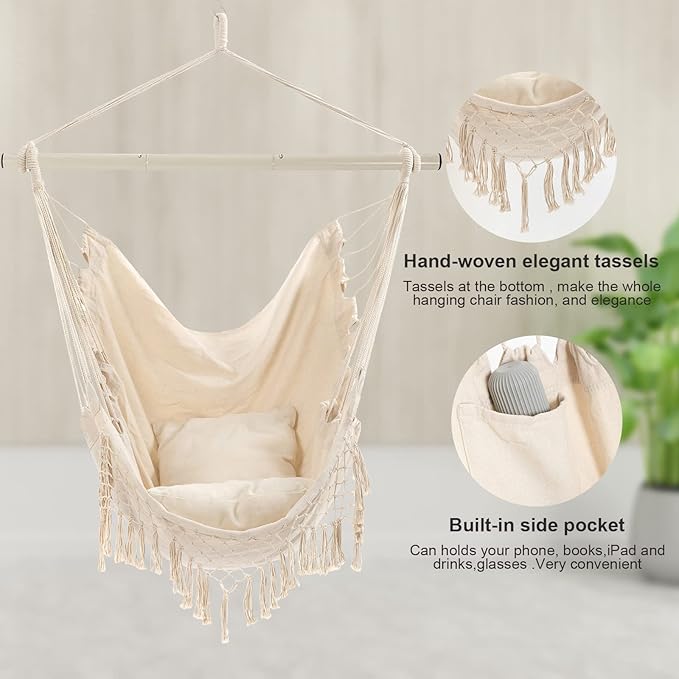 Hammock Chair, Hanging Rope Swing Seat with 2 Cushions,Macrame Hanging Chair Side Pocket with High Load-Bearing Metal Rod,for Indoor, Outdoor, Extra Comfortable