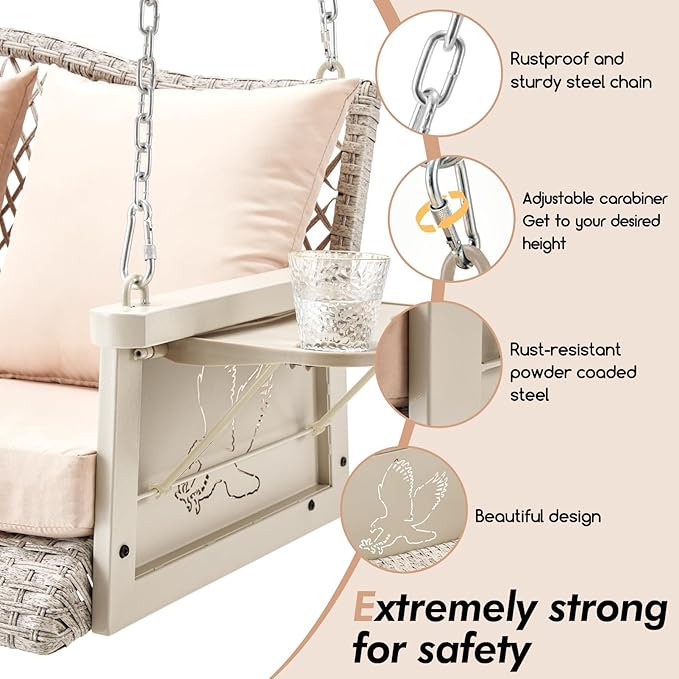Upgraded Wicker Hanging Porch Swing Heavy Duty 900 LBS 3-Seat Outdoor Patio Swing Chair Bench for Adult w/ 8.9ft Hanging Chains Cushions and Cup Holder