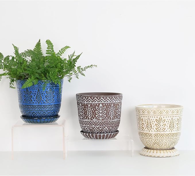 Gepege Beaded Ceramic 6 Inch Planter Set of 2 with Drainage Hole and Saucer for Plants, Indoor-Outdoor Large Round Succulent Orchid Flower Pot (Blue, Inner-pots not Larger Than 5 Inch)