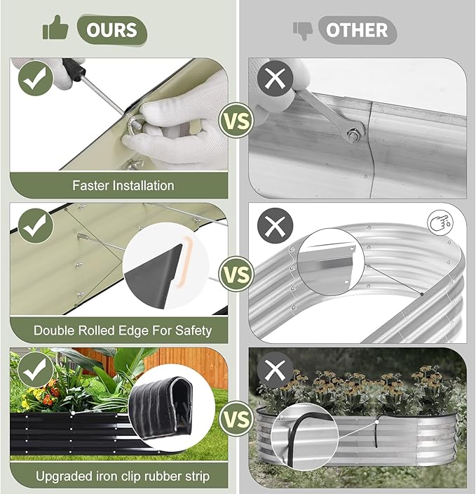 Galvanized Raised Garden Bed Outdoor- Raised Beds for Gardening| Metal Planter Box, Steel Raised Garden Bed Kit with Safety Edging and Gloves for Vegetables, Flower, Herbs (8x2x1FT, Gray)