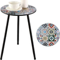 1 Pack Metal Outdoor Side Table Small Outside Round End Table for Patio Modern Accent Garden Corner Table for Small Spaces, Balcony, Porch, Weather-Resistant, Plant Stand Indoor, Mixed Mosaic