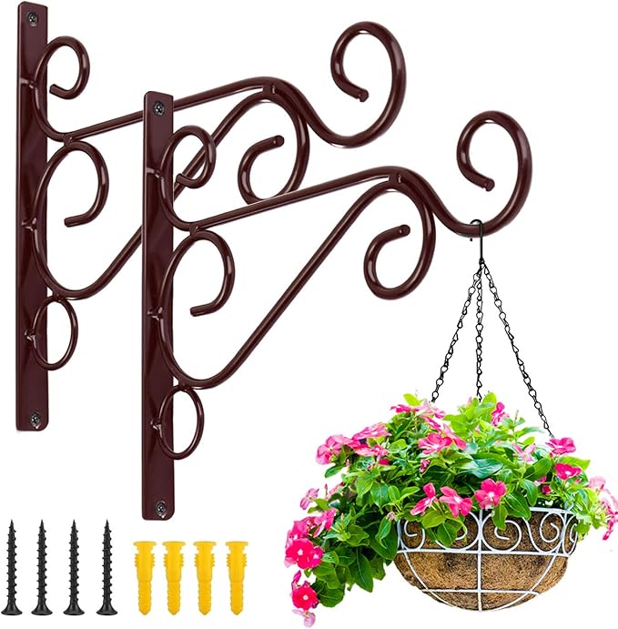 KABB Hanging Plant Bracket, 2 Pcs 10" Iron Decorative Wall Hanger Hooks for Hanging Plants Flower Baskets Bird Feeders Wind Chimes, Indoor Outdoor Rustic Home Decor, Coffee Color