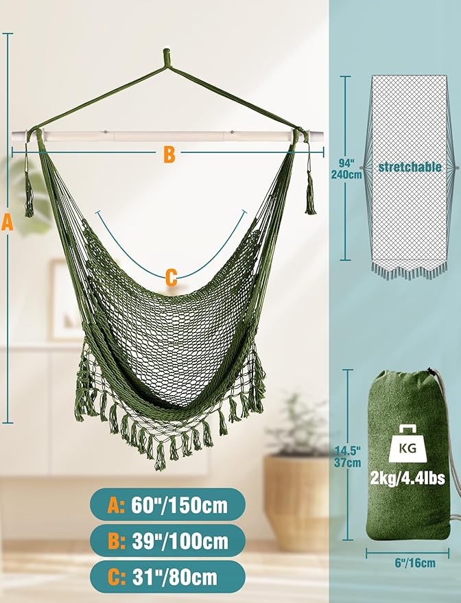 Chihee Hammock Chair Super Large Hanging Chairs Soft-Spun Cotton Rope Woven Chair, Collapsible Strong Metal Spreader Bar Wide Seat Lace Stretch Swing Chairs Indoor Outdoor Garden Yard Theme Decoration