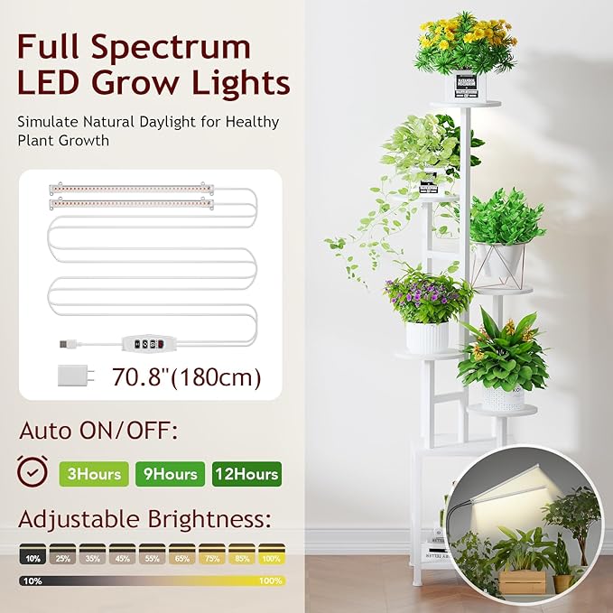 Plant Stand Indoor with Grow Light, 6-Tiered Tall Plant Stand Indoor, Metal Plant Shelf with Hanging Basket Hook and Adjustable Light, Ideal for Living Room, Garden, Round Patio white