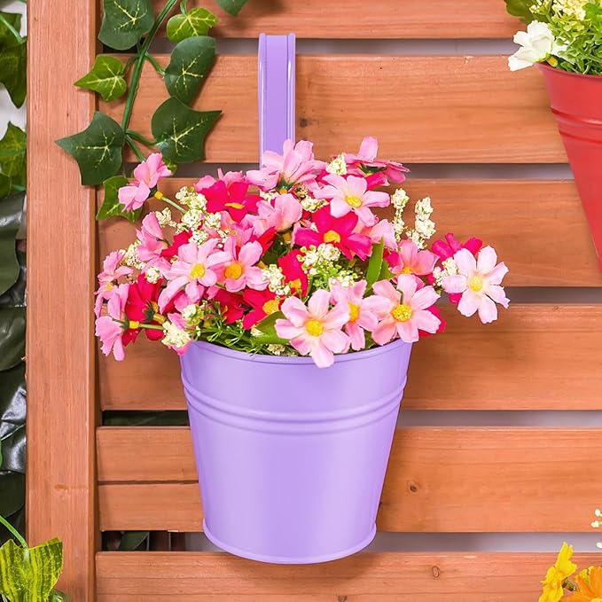 OBTANIM 12 Pack Metal Hanging Flower Pots Railing Planter Outdoor Fence Hanging Bucket Plant Holder with Detachable Hooks Drain Holes for Home Garden Yard Decor (Yellow Purple Red, 4 x 4 Inch)