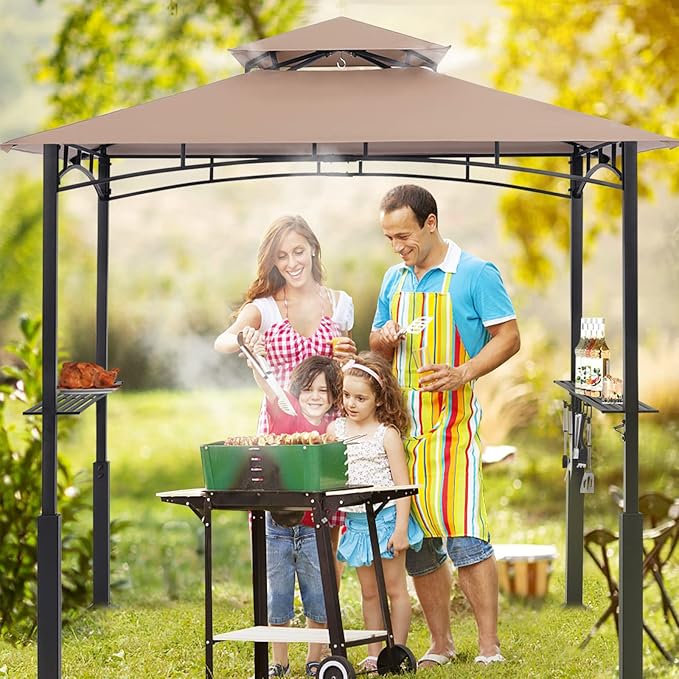 ABCCANOPY 8x5 Grill Gazebo - Outdoor BBQ Canopy Shelter with Led Light for Patio Backyard Grilling (Khaki)