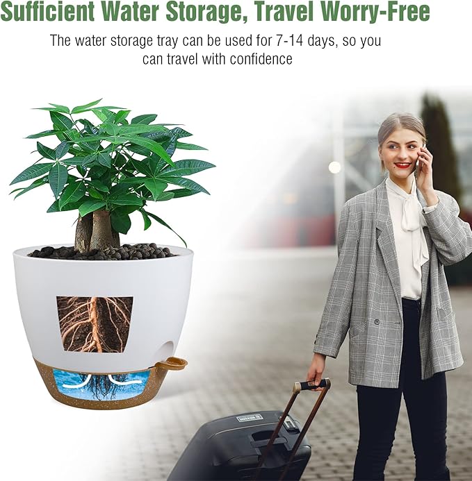 12inch 2Pack Large Self Watering Planters, Plastic Plant Pots with 60oZ Removable Deep Reservoir and Multi Mesh Drainage Holes for Indoor Outdoor Garden Plants and Flowers, White with Brown