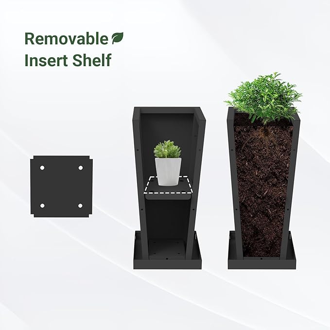 Tall Planters 20" H - 2 Pack, Tapered Pots with Drainage Insert Shelve & Trays, Metal Outdoor Planter Box for Porch, Garden, Patio, Yard (Black)