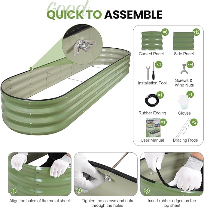G GOOD GAIN Raised Garden Beds - 8x2x1ft Galvanized Planter Boxes Kit with Protective Tape & Gloves & Tools | Oval Metal Outdoor Raised Bed for Gardening Vegetables, Fruits, Flowers, Herbs, Oliver