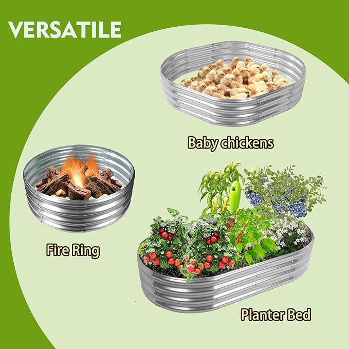 5X2.7X1 FT Oval Galvanized Metal Garden Raised Bed/Plant Box for Planting,32 Inches Diameter Iron Fire Pit Ring,Small Animal Fence-3 in 1 Modular Design in Black (Silver, 60X32X11.5 Inches)