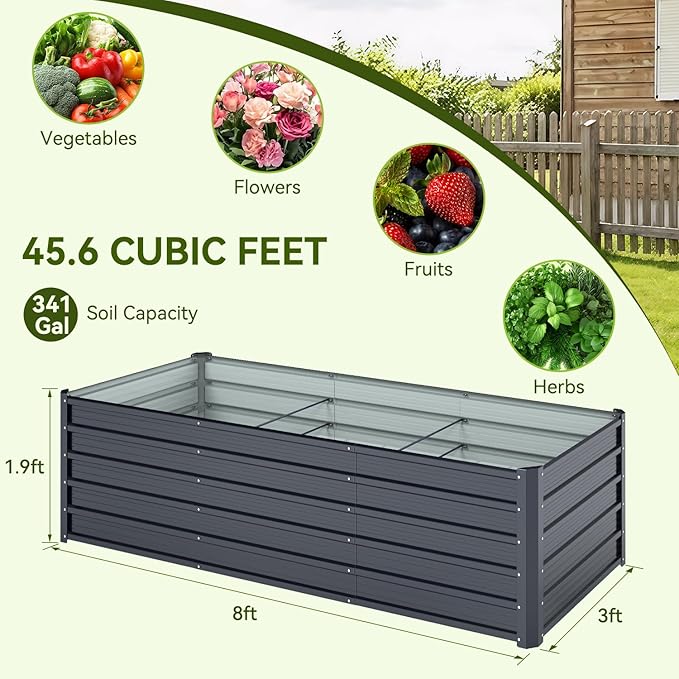 Ohuhu 8x3x1.9FT Metal Raised Garden Bed Outdoor, Reinforced Galvanized Steel Rustproof Planter Box, 100% Non-Toxic, 341 Gal Large Capacity Heavy Duty Raised Beds for Growing Vegetables Flowers Herbs