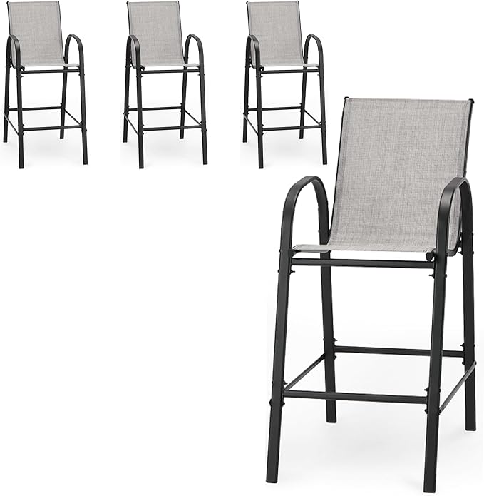 HOMREST Outdoor Bar Height Stools Set of 4,High Back Patio Chairs with Armrests,Textilene Chairs with Breathable Fabric & Metal Frame for All Weather,Light Grey