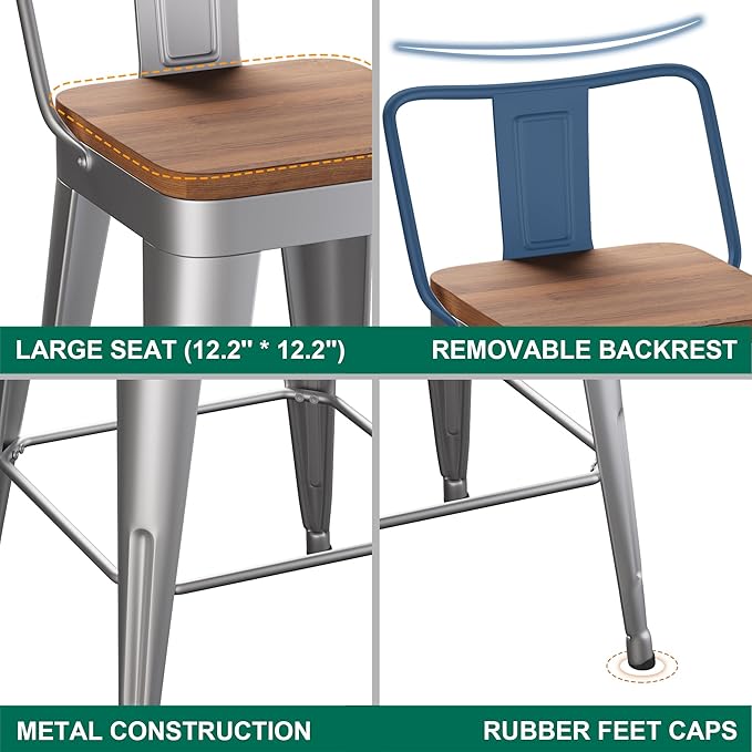 WENTMENT Bar Stools Set of 4 Counter Height Stools with Removable Back 26" Kitchen Bar Stools with Wooden Seat, Silver