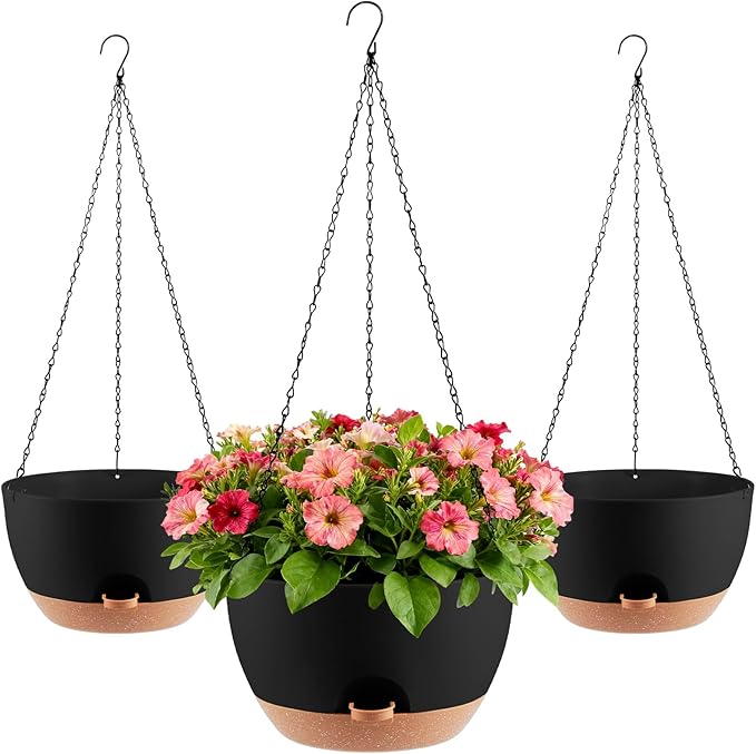 3-Piece Set of 10-Inch Hanging Planters with Automatic Watering System and Drip Tray, Includes Metal Chain, Suitable for Various Indoor and Outdoor Plants and Flowers, Black-Brown