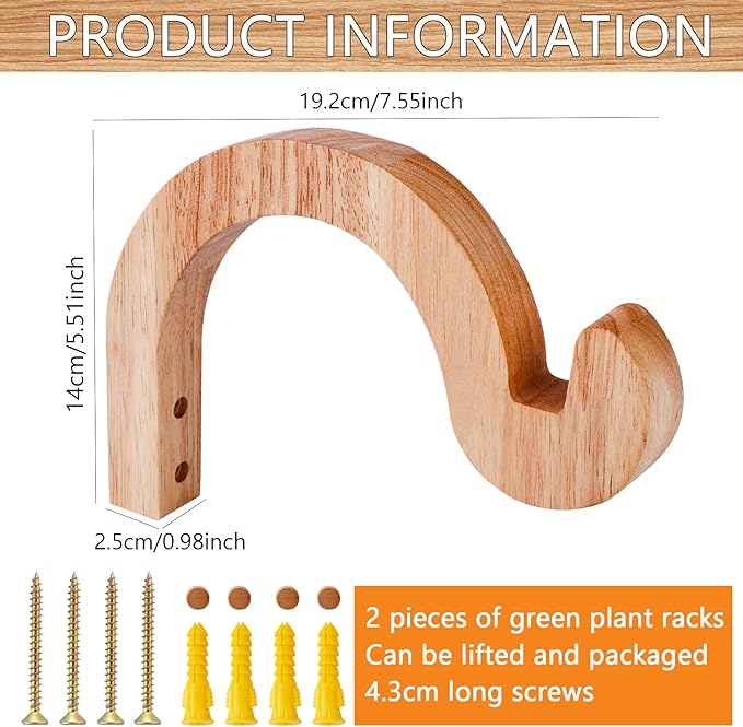 7-Inch Hanging Plant Brackets, Arc-Shaped Wooden Plant Hanger Indoor, Wall Mount Hooks for Outdoor Hanging Bird Feeders, Flower Baskets Pots, Wind Chimes, Lanterns