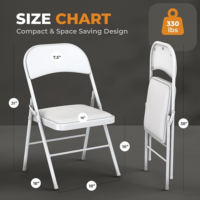 4 Pack Leather Chair | Foldable & Stackable | 350 lbs Capacity Steel Frame Seats for Indoor or Outdoor | Commercial Use Events Wedding Party Events Bulk Picnic Kitchen Dining - White