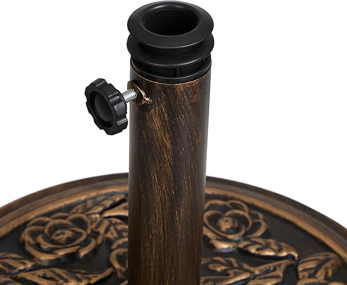 Backyard Expressions 20 lb Patio Umbrella Base Stand, Decorative Rose Medallion Antique Bronze Finish, Fits 1.5–1.9 in Poles w/Adapters, 18 in Round Weighted Outdoor Umbrella Holder for Deck & Table