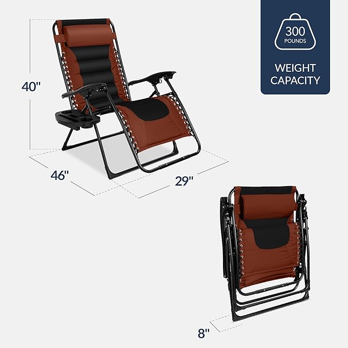 Best Choice Products Oversized Padded Zero Gravity Chair, Folding Outdoor Patio Recliner, XL Anti Gravity Lounger for Backyard w/Headrest, Cup Holder, Side Tray, Polyester Mesh - Rust/Black