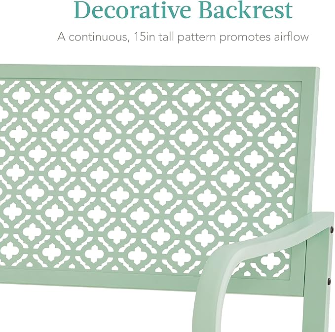 Best Choice Products Outdoor Bench 2-Person Metal Steel Benches Furniture for Garden, Patio, Porch, Entryway w/Geometric Backrest, 790lb Capacity - Mint Green