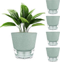 Green Self Watering Plant Pots - 6" Planters for Indoor Plants - Pack of 5 Flower Pots - Plant Pots with Drainage Hole and Tray Saucer (Frosted Dark Green)