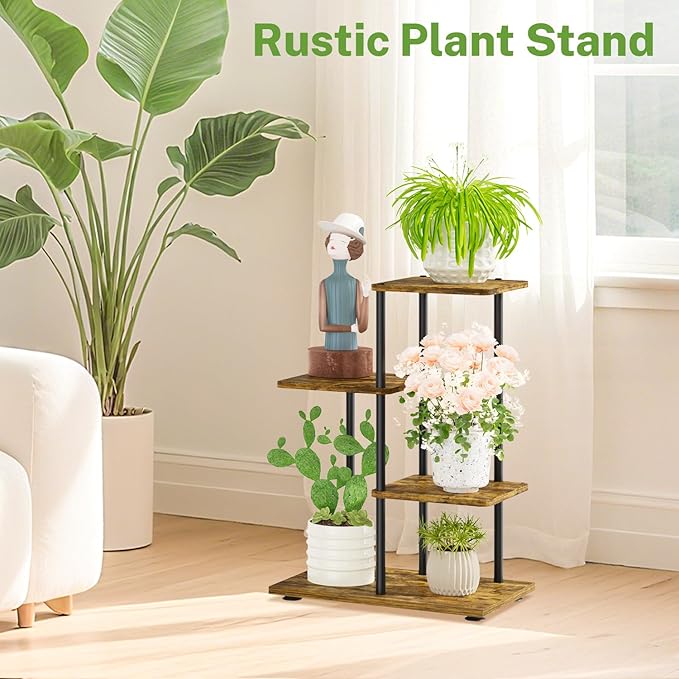 iDavosic.ly 3 Tier Plant Stand Indoor, Tiered Corner Metal Wood Multiple Flower Holder Shelf, 25 Inch Tall Orchid Display Rack for Patio Porch Living Room Balcony Outdoor, Modern Black & Rustic Brown