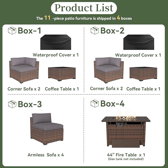 Aoxun 11 Piece Patio Furniture Set with 44” Fire Pit Table Wicker Rattan Outdoor Sectional Sofa Set with Coffee Table and Thickened Cushions, Gray (Waterproof Cover Included)