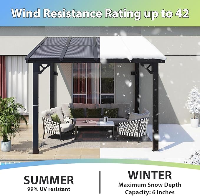 Aoxun 8'x 10' Premium Gazebo with Aluminum Top Frame & Polycarbonate Panel, Wall Mounted Gazebos Pergola, Outdoor Patio Lean to Gazebo, Awnings with Sloped Roof, for Backyard, Porch, Deck
