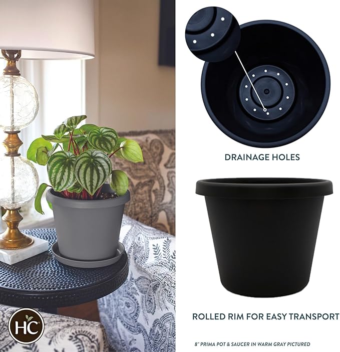 The HC Companies 16 Inch Round Prima Planter - Plastic Plant Pot with Rolled Rim for Indoor Outdoor Plants Flowers Herbs, Black