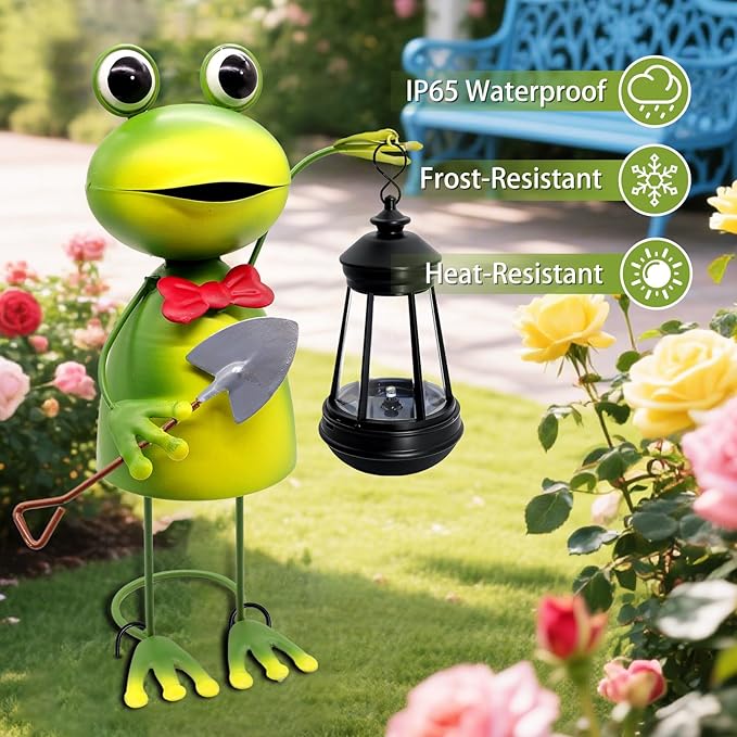 Solar Garden Lights Frog Statue,13.78in Tall Frog with Lantern Waterproof, Birthday Gifts for Women Mom Grandma, Big Metal Frog Stakes Decorative for Home Front Patio Balcony Yard Art Lawn