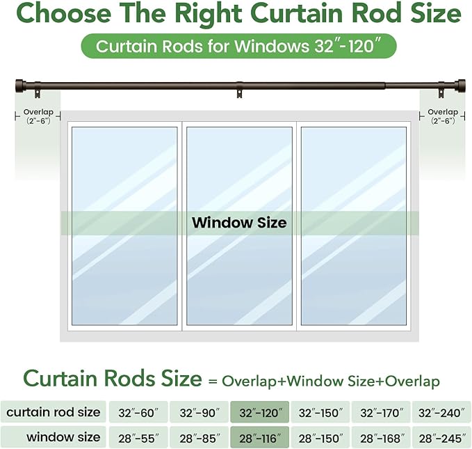 Curtain Rods for Windows 66 to 120, 1 Inch Adjustable Heavy Duty Long Window Outdoor Curtain Rod for Patio, Drapery Rods with Simple End Caps, Size 32"-120", Antique Bronze