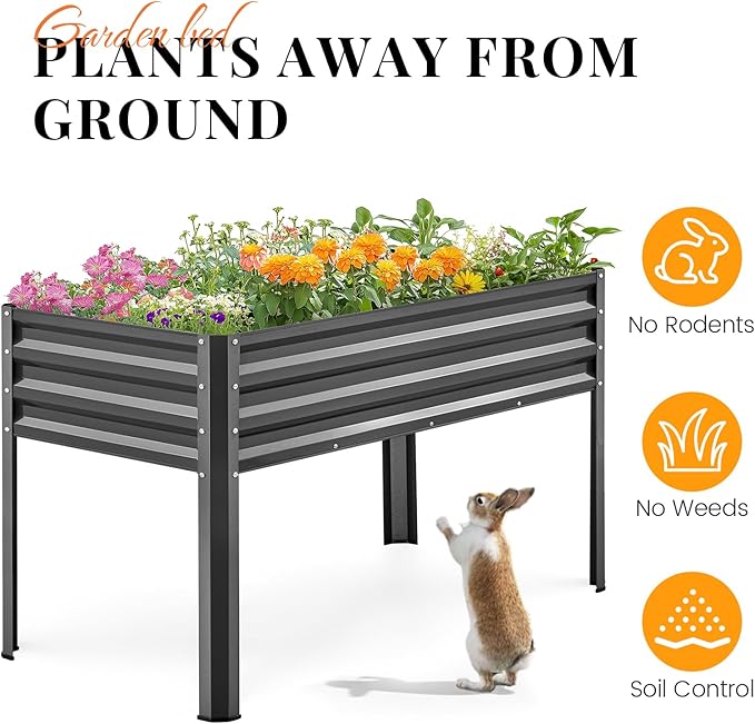 KING BIRD Large Raised Garden Bed with Legs Galvanized Elevated Planter Box 48×24×32 in for Backyard, Patio, Balcony, 400lb Capacity, Dark Grey