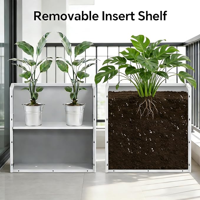 Tall Planters -24X12X24 inch Galvanized Steel Planter Box with Removable Insert Shelf for Garden, Patio(White)
