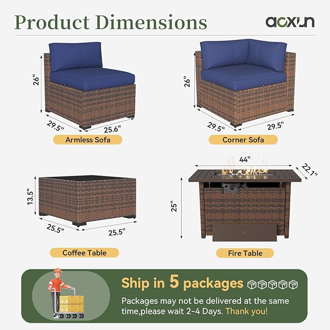 Aoxun 15 Piece Patio Furniture Set with 44” Fire Pit Table Wicker Rattan Outdoor Sectional Sofa Set with Coffee Table and Thickened Cushions, Blue (Waterproof Cover Included)
