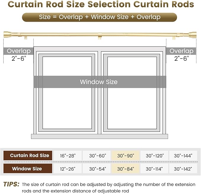 1” Diameter Gold Curtain Rods Itself is 30 to 90 inch, 1 Pack Fit 30-84 inch Windows with Heavy Duty Adjustable Rod 1 Inch Diameter Splicing Metal Extra Long Curtain Rod