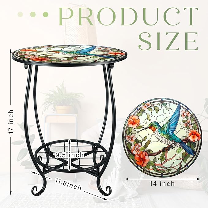 Outdoor Side Table Round Small Mosaic Patio Accent Indoor End Plant Coffee Tea Table for Yard Patio Porch Garden Living Room, Bedroom(Hummingbird A Style,14 Inch)