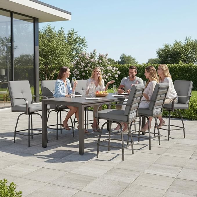 Patio Swivel Bar Stools Set of 6, Outdoor Bar Height Swivel Chairs with Cushions for Garden Balcony Backyard, Grey