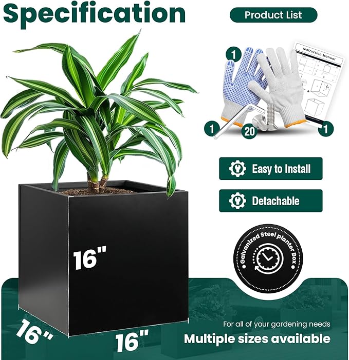 Galvanized Steel Planter Box Black Metal Planter 16Inch Square Indoor Outdoor Planters Cube Steel Heavy Duty Powder Coating Modern Commercial Residential for Patio, Yard, Garden