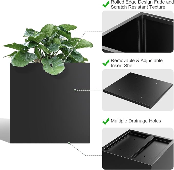 Tall Metal Planter Box for Outdoor Plants 26" L x 26" W x 26", Heavy Duty Steel Large Square Planter Box with Removable Insert Shelf, Modern Décor for Tall Plants, Trees, Flowers (Black)