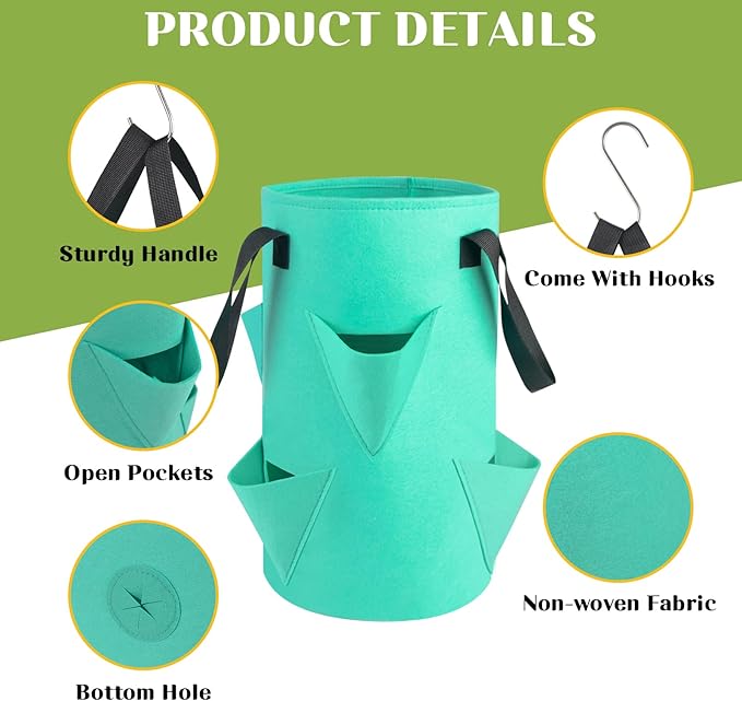 5 Pack Upside Down Strawberry Hanging Planter, 3 Gallon Tomato Hanging Grow Bags with 5 Hooks, Hanging Tomato Strawberry Grow Planters Vegetable Planting Bags with 6 Planting Holes for House Garden