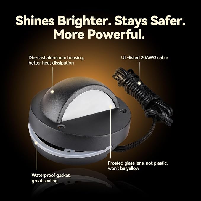 LEONLITE 12-Pack Update 5CCT LED Low Voltage Deck Lights, 180LM 3.74inch Landscape Step Railing Fence Light, 12-24V AC/DC, CRI90, Die-cast Aluminum Housing & Frosted Glass Lens, UL Cord, Black