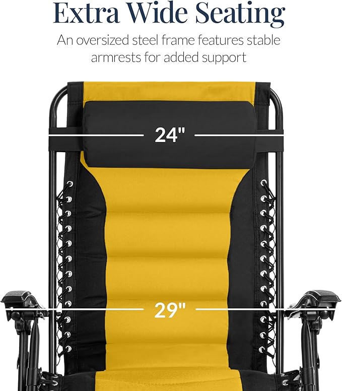 Best Choice Products Oversized Padded Zero Gravity Chair, Folding Outdoor Patio Recliner, XL Anti Gravity Lounger for Backyard w/Headrest, Cup Holder, Side Tray, Polyester Mesh - Black/Yellow