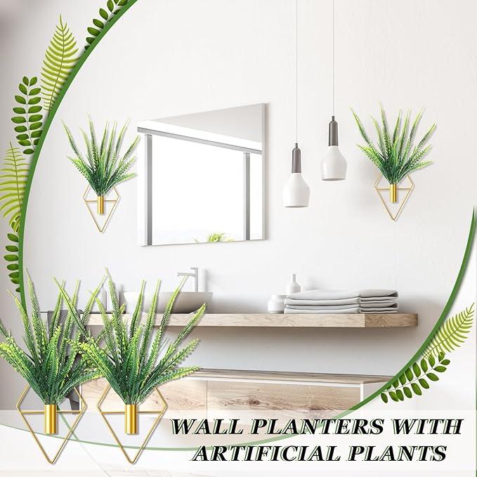 2 Pieces Gold Wall Decor Hanging Planters with Artificial Plants Metal Vase Indoor Plants Holder Modern Geometric Wall Art for Home Bathroom Bedroom Living Room Office(Boston Fern,Large)