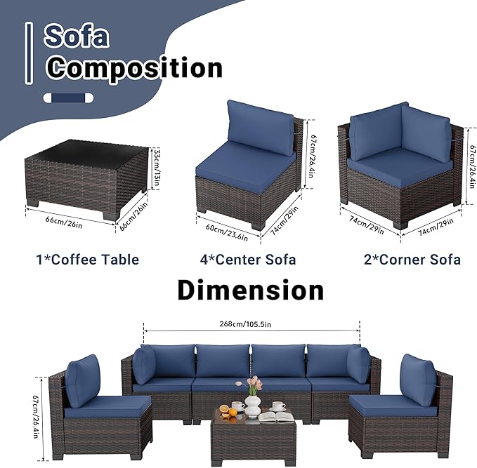 LEVELEVE 7 Pieces Outdoor Patio Furniture Sets,Rattan Conversation Sectional Set,Manual Weaving Wicker Patio Sofa with Tea Table