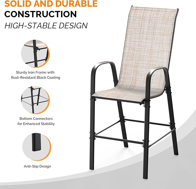 VINGLI Outdoor Bar Chairs Set of 8 – Stackable Outdoor Bar Stools with Sturdy Sling High Back and Armrests for Lawn, Courtyard, Garden, Bar, Yellow