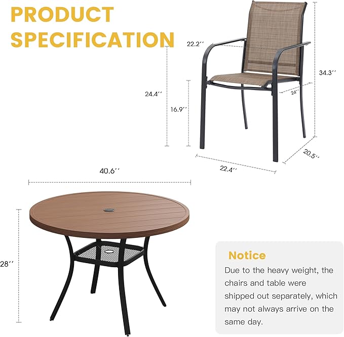 VICLLAX 5 Pieces Patio Dining Set for 4, Outdoor Furniture Set Includes 40.7" Round Patio Table and 4 Patio Stackable Chairs, Walnut Tabletop and Brown Fabric