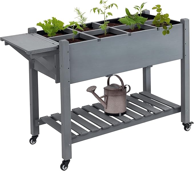 Outsunny Raised Garden Bed with 8 Grow Grids, Wooden Outdoor Plant Box Stand with Folding Side Table and Wheels, 49" x 21" x 34", for Vegetables, Flowers, Herbs, Gray