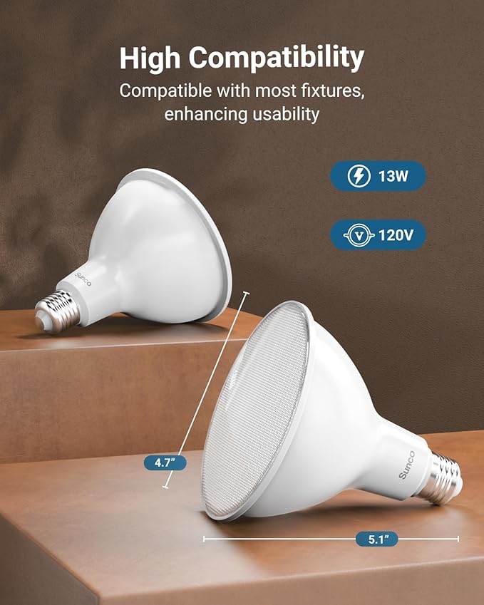 Sunco Lighting 8 Pack PAR38 LED Flood Light Outdoor Bulb, Waterproof Bright Dimmable 13W=100W, 5000K Daylight, 1050lm, E26 Base UL Energy Star Listed