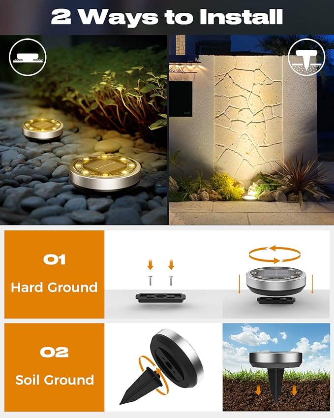 btfarm 24 Pack Solar Lights Outdoor, 8 LED Solar Ground Lights IP65 Waterproof Flat Solar Disc Light, Pathway Lights for Garden Lawn Patio Yard Path Landscape, Warm White