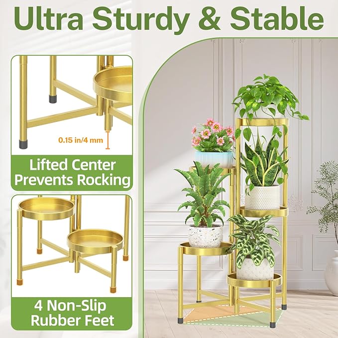 iDavosic.ly Plant Stand Indoor Outdoor, 5 Tier Corner Metal Flower Display Holder Shelf, Easy Assembly Folding Tall Orchid Rack for Patio Balcony Porch Garden Living Room House, Gold