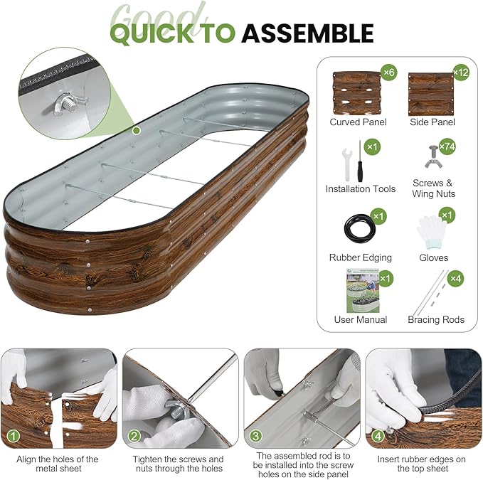G GOOD GAIN Raised Garden Beds - 8x2x1ft Galvanized Planter Boxes Kit with Protective Tape & Gloves & Tools | Oval Metal Outdoor Raised Bed for Gardening Vegetables, Fruits, Flowers, Herbs, Grain